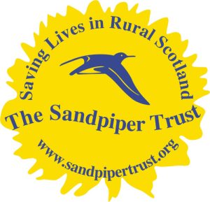 The Sandpiper Trust logo. Round in shape and yellow in colour. Text reads: Saving lives in rural Scotland, www.sandpipertrust.org