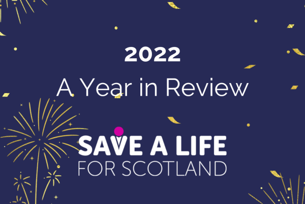 Festive image of fireworks display and text that reads: 2022 a year in review with Save a Life for Scotland logo.