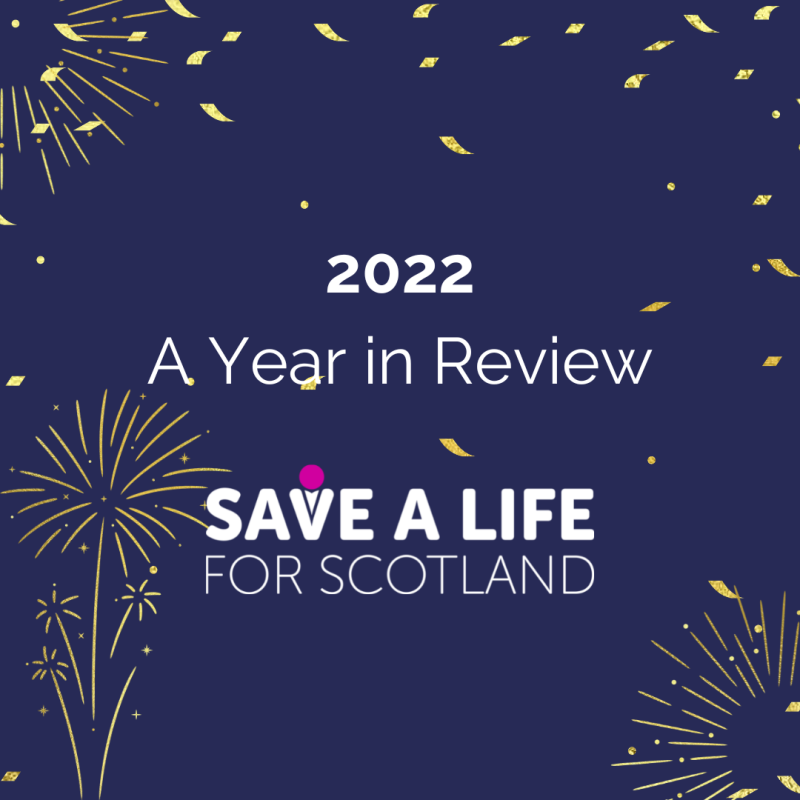 Festive image of fireworks display and text that reads: 2022 a year in review with Save a Life for Scotland logo.